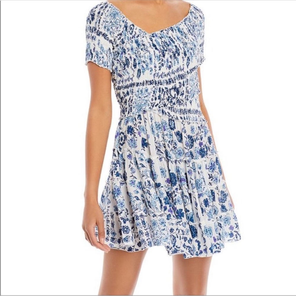 Poupette St Barth Soledad Smocked Off-The-Shoulder Minidress size Large floral